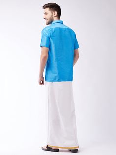 VASTRAMAY Men's Aqua Blue And White Silk Blend Shirt And Mundu Elevate your traditional wardrobe with the VASTRAMAY Men's Aqua Blue And White Silk Blend Shirt And Mundu. Designed for comfort and elegance, this ensemble is perfect for festive occasions, weddings, and cultural celebrations. Features Premium silk blend fabric Elegant aqua blue and white color combination Traditional and contemporary design Comfortable fit for all-day wear Perfect for festive occasions and cultural events Specificat Traditional Blue Fitted Shirt, Traditional Fitted Blue Shirt, Traditional Blue Shirt For Summer, Traditional Blue Summer Shirt, Traditional Fit Short Sleeve Shirt, Half Shirts For Men, Dhoti For Men, Formal Pants For Men, Formal Pant For Men