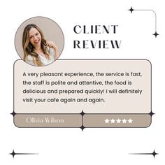 the client review page with an image of a woman smiling and holding her hand up to her ear