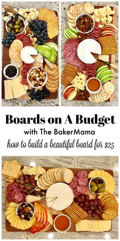 a bunch of different types of cheeses and crackers on a wooden board with text overlay that says boards on a budget