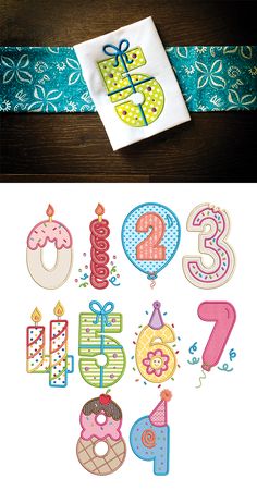 the numbers are made out of paper and decorated with birthday decorations, such as balloons