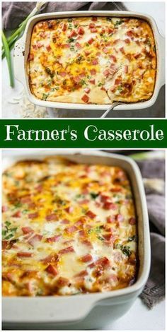 two pictures of different types of casserole in pans with text overlay that reads, farmer's casserole