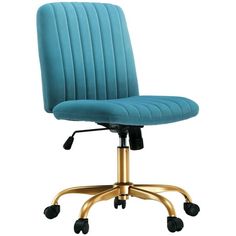 a blue office chair sitting on top of a gold metal frame wheel casteor base