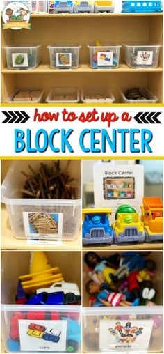 there are pictures of different toys and books on the shelves in this playroom with text overlay that says how to set up a block center