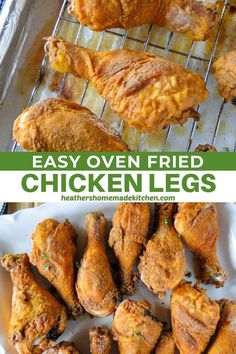 easy oven fried chicken legs on a white plate with text overlay that says easy oven fried chicken legs