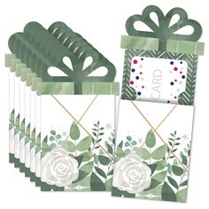 a set of six green and white gift bags with roses on them, tied together