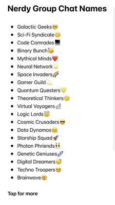 a table with many different types of emoticions on it and the words nerdy group chat names