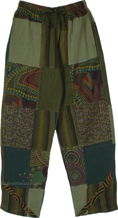 Patchwork cotton pants for summer are chic, boho, unrestricted, and environmentally friendly, with their recycled patchwork design and a pocket on either side. It has green overdye on an assorted patchwork in different colors and fabrics. #tlb #SplitSkirtsPants #Patchwork #Unisexbohopants #FestivalPants #patchworkpants #hippiecottonpants Green Patchwork Bottoms For Summer, Summer Green Patchwork Bottoms, Bohemian Cotton Bottoms With Floral Patchwork, Bohemian Cotton Bottoms With Patchwork, Bohemian Cotton Pants With Floral Patchwork, Green Bohemian Cotton Bottoms, Hippie Style Cotton Bottoms With Patchwork, Hippie Style Patchwork Cotton Bottoms, Hippie Cotton Patchwork Bottoms