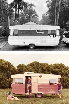 an old photo and a vintage camper with people in it