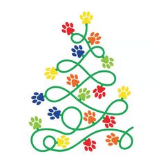 a colorful christmas tree with paw prints on the bottom and green, red, yellow, blue, orange, and white colors