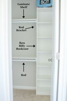 an open closet with shelves labeled in black and white, including rod bracket, ikea billy bookcase