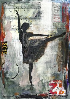 an abstract painting of a ballerina in black and white, with music notes all over it