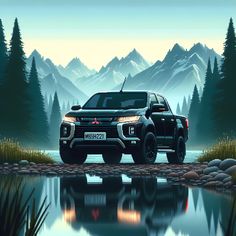 a black truck is parked in front of a lake with mountains and trees behind it