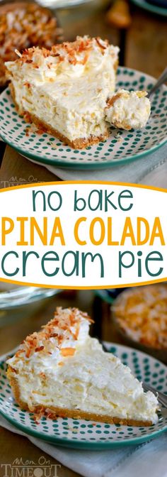 no bake pina colada cream pie on a plate with text overlay