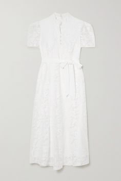 Erdem's updated its classic 'Lauren' silhouette in lace for the 'White' bridal collection - and says it's a ladylike choice for your rehearsal dinner or for the big day itself. It's lined with soft satin-crepe and has a stand collar, puffed sleeves and a bow-fastening belt at the waist. Just add point-toe heels and a huge smile. Beautiful Wardrobe, Elegant Midi Dress, Bella Dress, Elegant Midi Dresses, Casual White Dress, Design Clothes, Lace Midi, White Bridal, Guilty Pleasures