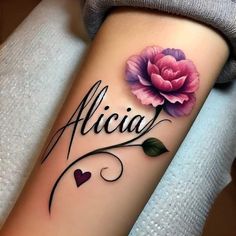 a pink flower with the word alcia written in cursive writing on it