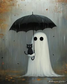 a painting of a ghost with a black cat under an umbrella