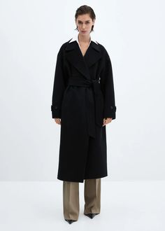 Woolen coat with belt - Women | Mango USA Oversized Wool Coat, Denim Pinafore, Coat With Belt, Leather Boots Heels, Wool Overcoat, Mango Outlet, Leather Trench Coat, Cropped Blazer, Wool Blend Coat