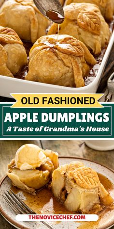 an old fashioned apple dumpling is being drizzled with caramel