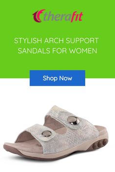 Stylish arch support sandals for women with a "Shop Now" button. Adjustable Footbed Sandals With Ortholite Insole, Adjustable Comfortable Sport Sandals, Comfortable Leather Slides With Arch Support, Casual Footbed Sandals With Arch Support, Comfortable Synthetic Footbed Sandals With Arch Support, Arch Support Sandals, Cozy Shoes, Heel Pain, Foot Health