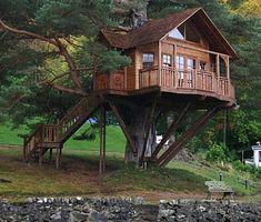 a tree house built into the side of a large tree