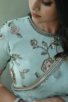 Embroidery Organza, Blouses Work, Ikkat Dresses, New Saree Blouse Designs, Latest Model Blouse Designs, Fashionable Saree Blouse Designs, Saree Designs Party Wear, Blouse Designs Silk, Pale Aqua