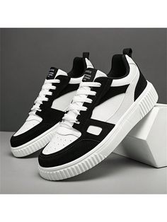 Men's Stylish Street Style Skateboard Shoes, Comfortable Non-Slip Casual Lace-Up Sneakers For Men's Outdoor Activities Black and White     Colorblock,Plain    Men Shoes, size features are:Bust: ,Length: ,Sleeve Length: White Shoes Outfit Men, White Shoes Outfit, Stylish Street Style, Skateboard Shoes, Black And White Shoes, Sole Sneakers, Shoes Comfortable, Vintage Color, Casual Lace