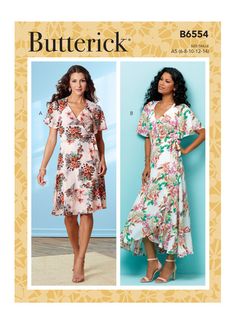 a woman in a floral print dress and sandals standing next to a blue wall with the words butterick on it