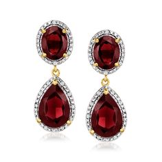 Ross-Simons - 10.75ct t. w. Garnet Drop Earrings, .15ct t. w. Diamonds in 18kt Yellow Gold Over. Alluring with a deep-red glow, these bold double-drop earrings feature lush oval and pear-shaped garnets totaling an impressive 10.75 carats. Framed by .15 ct. t. w. round brilliant-cut diamonds and set in polished 18kt yellow gold over sterling silver. Hanging length is 7/8". Post/clutch, diamond and garnet drop earrings. Garnet birthstones are the perfect gift for January birthdays. Formal Clip-on Diamond Drop Earrings, Formal Pear-shaped Gemstone Earrings, Classic Pear-shaped Earrings For Evening, Red Diamond Drop Earrings For Formal Events, Red Diamond Drop Earrings For Formal Occasions, Dazzling Diamond Gemstone Earrings For Formal Events, Dazzling Diamond Gemstone Earrings For Formal Occasions, Formal Red Diamond Drop Earrings, Classic Bridal Earrings With 17 Jewels For Anniversary