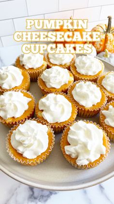 pumpkin cheesecake cupcakes on a platter with whipped cream frosting in the middle