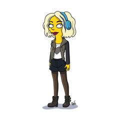 the simpsons character is wearing headphones and looking at something in her hand, while she stands