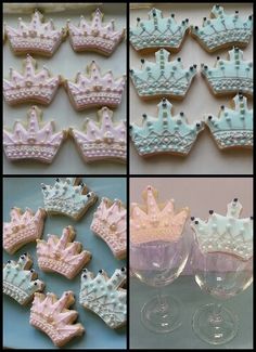 several pictures of decorated cookies in the shape of princess tiaras and baby carriages