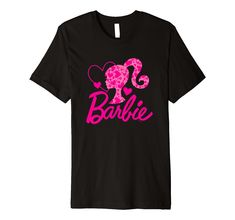 a black t - shirt with the word barbie on it and pink flowers in the shape of an elephant