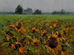 an oil painting of sunflowers in a field