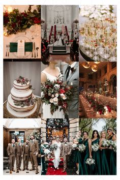 a collage of wedding photos with green and red colors