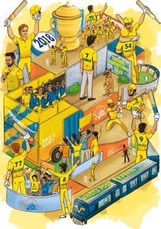 an illustration of a group of people in yellow shirts and holding baseball bats on top of a train