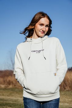 Stay comfortable and stylish on the go with the Carhartt Force Relaxed Lightweight Graphic Hoodie for Women in Malt White. Featuring moisture-wicking technology and a relaxed fit, this hoodie keeps you feeling fresh and looking great. Perfect for any outdoor adventure!Features:CarharttStyle: 105573-W03Color: MaltShell: 60% cotton, 40% polyesterWomen’s hoodieCarhart screen printed logo on chest and left sleeveBuilt with Force technology to wick sweat and dry fastFastDry® technologyStain Breaker® technology releases stainsThree-piece hood Spandex-reinforced rib-knit cuffs and waist Front pouch pocket with hidden media pocketRelaxed fit, midweightMeasurement from size small:Chest: 41” Length: 25”Machine wash cold, tumble dry lowNeed to know what that perfect Carhartt fit feels like? Check out Carhartt Style, Hoodie For Women, Small Chest, Knit Cuff, Print Logo, White Style, Outdoor Adventure, Graphic Hoodie, Graphic Hoodies