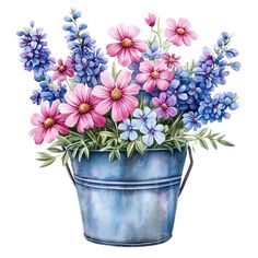 a blue bucket filled with purple and pink flowers on top of a white background,