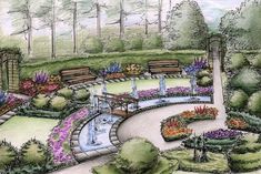 a drawing of a garden with benches and flowers