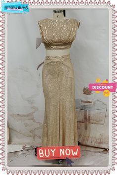 Women Sequined Sleeveless Top and Long Skirt Two-piece Set Elegant Sleeveless Skirt Set For Party, Sleeveless Evening Sets For Summer, Sleeveless Summer Evening Sets, Chic Sleeveless Party Skirt Set, Gold Sleeveless Stretch Crop Top, Chic Sleeveless Skirt Set For Party, Gold Stretch Sleeveless Crop Top, Sleeveless Sets For Party Season, Sleeveless Skirt Set For Spring Party