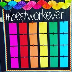 a bulletin board with the words best work ever written on it and colorful umbrellas