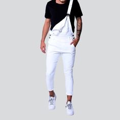 Be on-trend this spring-summer season with our 2023 Collection's Skinny Color Men's Denim Jumpsuit ââ‚?the perfect combination of urbane style and sophistication!Why You'll Love ItThis jumpsuit will make you stand out from the crowd with its unique details. It is made from stretchy fabric and features color-contrasting suspenders and buttons closure. The sleek slim fit type is designed to hug your form while looking stylish and feeling informal.Key Highlights: Statement Piece: Make a bold fashio Slim Fit Bottoms For Summer Streetwear, Summer Streetwear Slim Fit Bottoms, Casual White Overalls With Pockets, Slim Fit Cotton Jeans For Summer, White Denim Jumpsuit With Pockets, Casual White Jumpsuits And Overalls, Casual White Overall Jumpsuits And Rompers, White Casual Overalls And Rompers, Casual White Summer Overalls