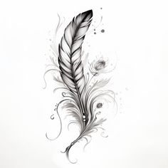 a black and white drawing of a feather with swirls on it's side