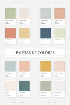 the color palettes in different colors are shown with text that reads, paleas de colors