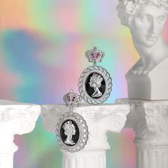 These beautiful earrings are made of 925 sterling silver and has black enamel center and the Queen Elizabeth portrait. The beautifully detailed earrings highlights the large, enameled portrait cameo of a woman. Queen Souvenir Gift Necklace is designed in honor of Queen Elizabeth II, expressing your grief over the loss of a beloved monarch, sharing the grief with your friends and family.Carat Weight: 1.165 ctStone Size: 0.8,1,1.2,0.8 mmStone Type: Jeulia® StoneNumber of Stones: 204 Stone Color: D Queen Elizabeth Portrait, Silver Earrings Online, Online Earrings, Queen Elizabeth Ii, Elizabeth Ii, Black Enamel, Queen Elizabeth, Quality Jewelry, Gift Necklace