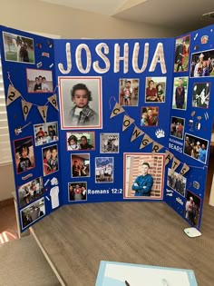 a bulletin board with pictures on it that say joshua and two other people are in the background