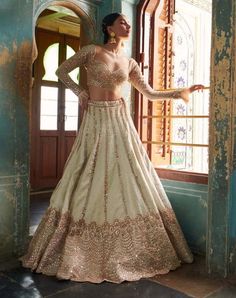 Bindani By Jigar And Nikita | Off-White Embroidered Lehenga Set | INDIASPOPUP.COM Off White Lehenga, White Lehenga Choli, Lehenga And Blouse, Gold Lehenga, White Lehenga, Wedding Sari, Pranali Rathod, Traditional Indian Dress, Embroidered Lehenga