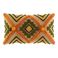 an orange and green decorative pillow on a white background