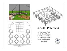 an image of a tent set up with tables and chairs in the center, and another drawing