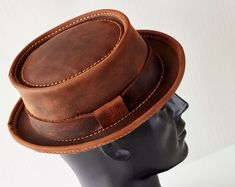 Leather Pork Pie Hat PPH-58 Men's and Women's Headwear - Etsy Classic Brown Hat With Waxed Finish, Classic Adjustable Hat With Waxed Finish, Classic Leather Fedora With Flat Crown, Brown Leather Top Hat With Short Brim, Classic High Crown Leather Hat, Vintage High Crown Leather Hat, Classic Leather High Crown Hat, Vintage Leather Hat With High Crown, Classic Short Brim Leather Top Hat