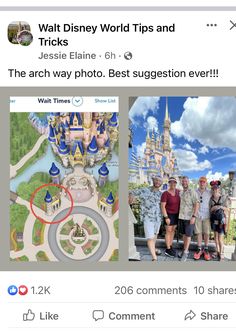 an instagram page with two people standing in front of a castle and the words walt world tips and tricks on it